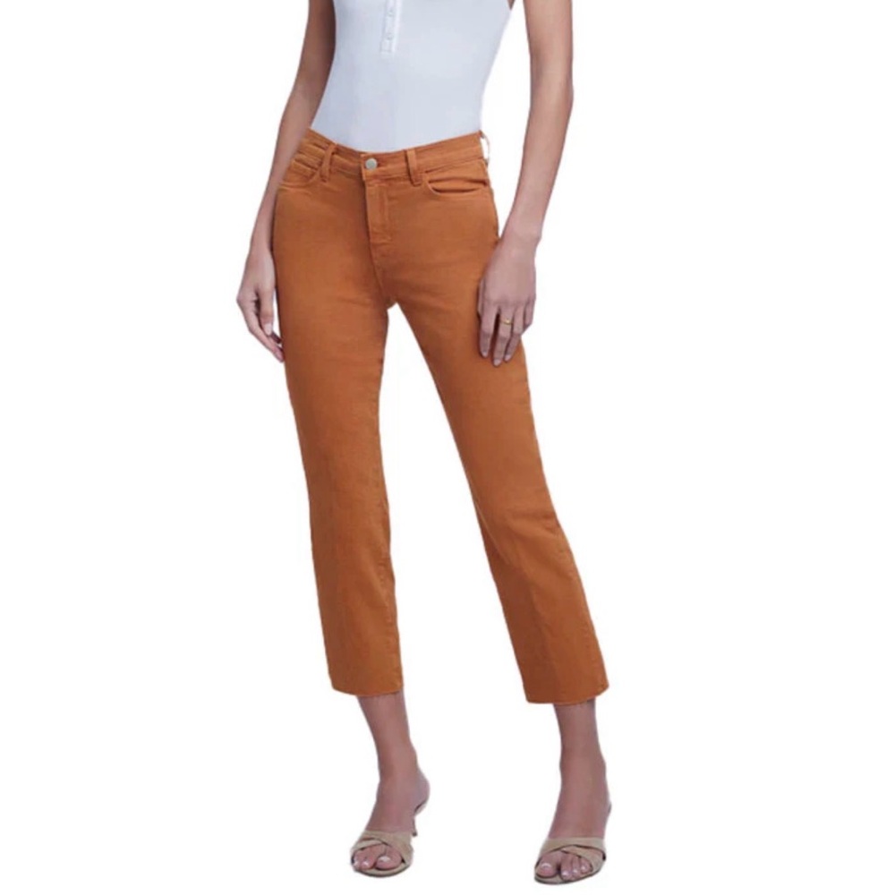 LAGENCE Sada High Rise Cropped Slim Straight Golden Honey Raw Hem Jeans 29